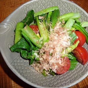 小松菜、オクラ、トマトのおかかポン酢